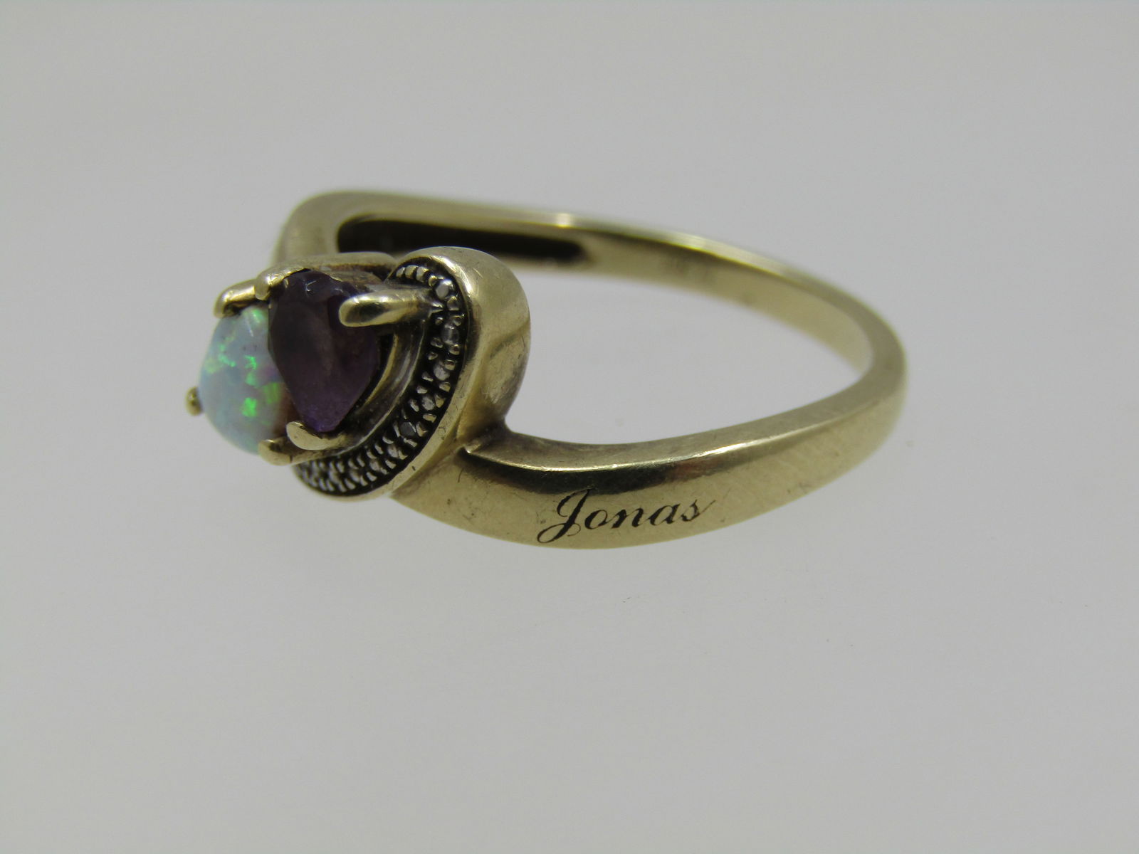 Vintage 10kt Heart Opal Amethyst Ring, Sz. 8.5, Signed TJ - 5