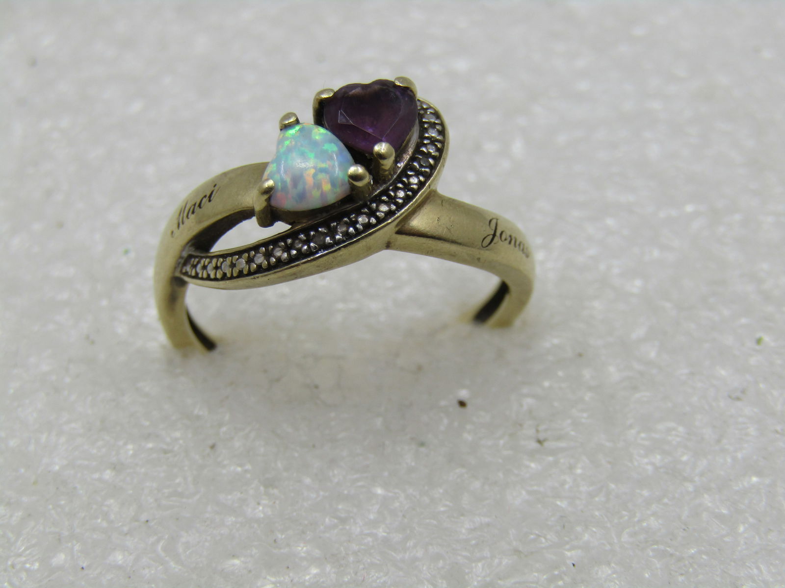 Vintage 10kt Heart Opal Amethyst Ring, Sz. 8.5, Signed TJ - 6