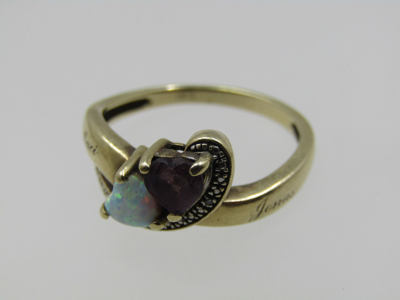 Vintage 10kt Heart Opal Amethyst Ring, Sz. 8.5, Signed TJ - 8