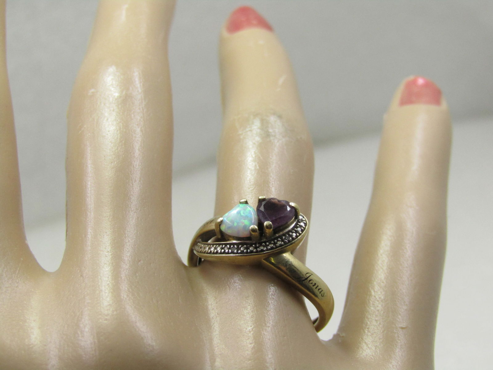 Vintage 10kt Heart Opal Amethyst Ring, Sz. 8.5, Signed TJ - 9