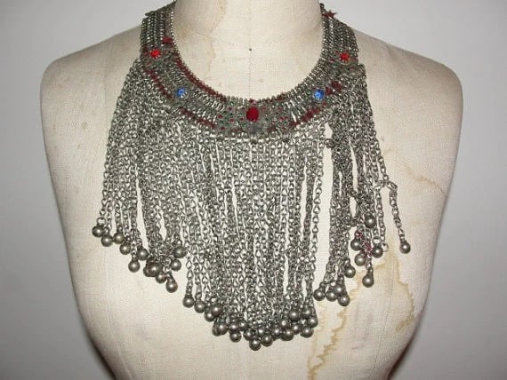 Vintage Afghani White Metal Collar Inlaid with Colored Glass and Bells - 2