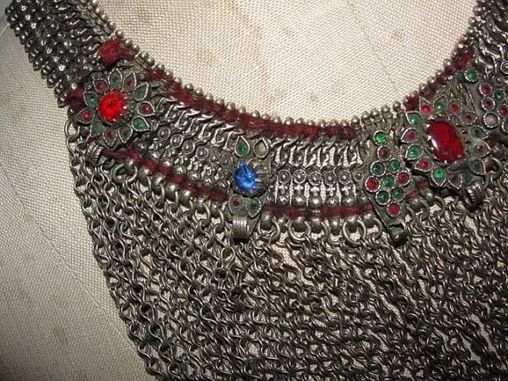 Vintage Afghani White Metal Collar Inlaid with Colored Glass and Bells - 3
