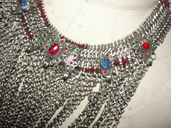 Vintage Afghani White Metal Collar Inlaid with Colored Glass and Bells - 4