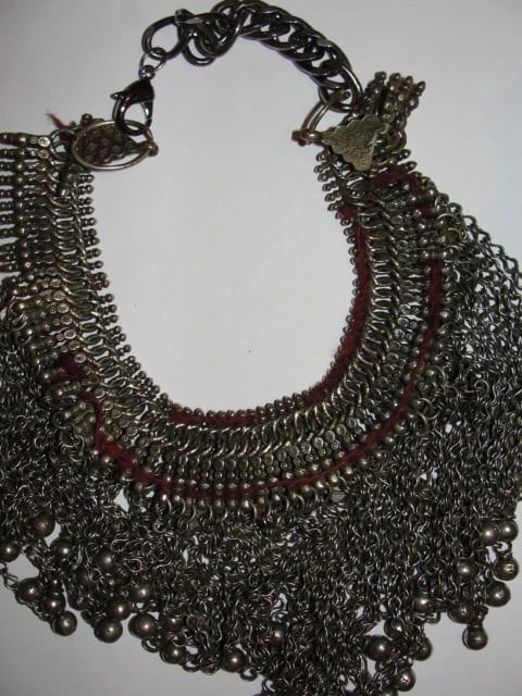 Vintage Afghani White Metal Collar Inlaid with Colored Glass and Bells - 5