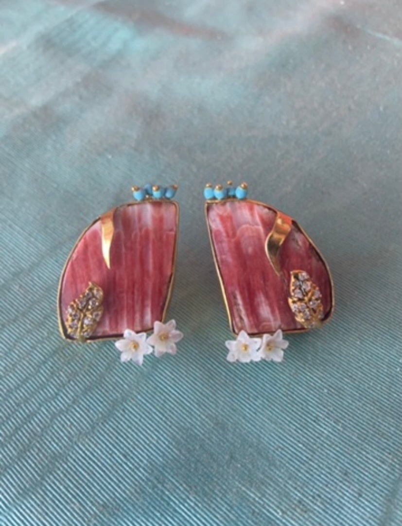 Spondilius Shell Earrings: Title:Spondilius Shell EarringsDescription:Darling cut Spondilius shells with Persian turquoise, cut Abalone, and white sapphires set in vermeil. Pierced omega clips. Reserve: $340.00 