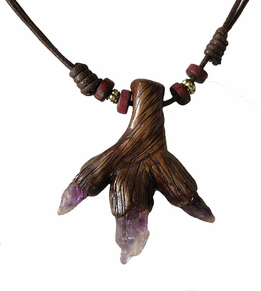 Polymer Clay Artisan Brown Hand Made Necklace with Vera Cruz Amethyst: Title:Polymer Clay Artisan Brown Hand Made Necklace with Vera Cruz AmethystDescription:New brown waxed cotton artisan hand made claw necklace with Vera Cruz Amethyst. Measurement from