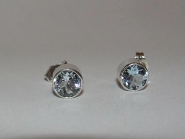 Sterling Silver Faceted Aquamarine Bezel Set Earrings Birthstone March - 2