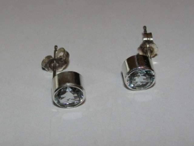 Sterling Silver Faceted Aquamarine Bezel Set Earrings Birthstone March - 3