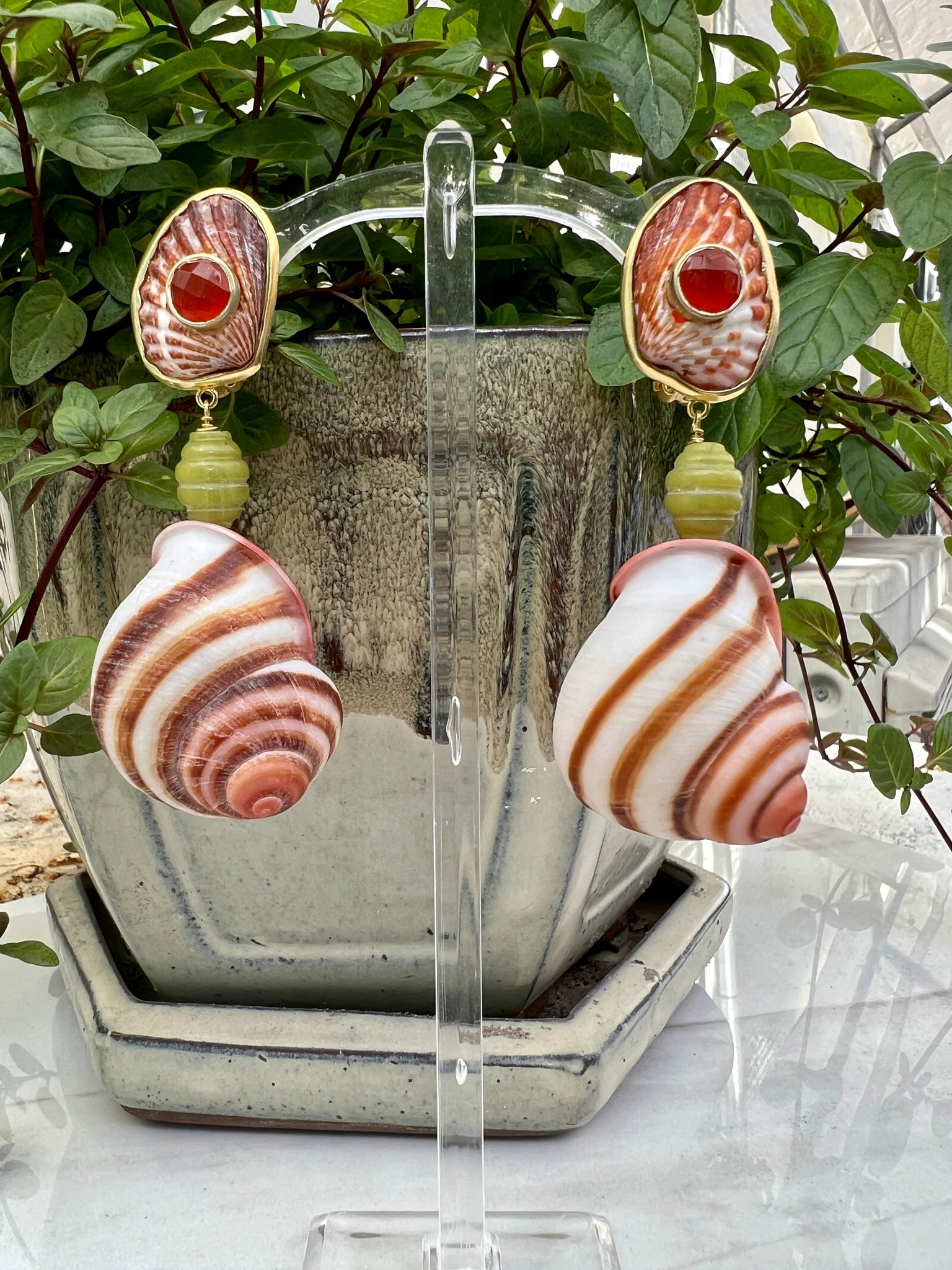Rare African Snail and Spessartine Garnet Earrings: Title:Rare African Snail and Spessartine Garnet Earrings Description:Extremely Rare African Snail and Spessartine Garnet Earrings with a beautifully carved Green Agate Bead - Vermeil post/clip backs -
