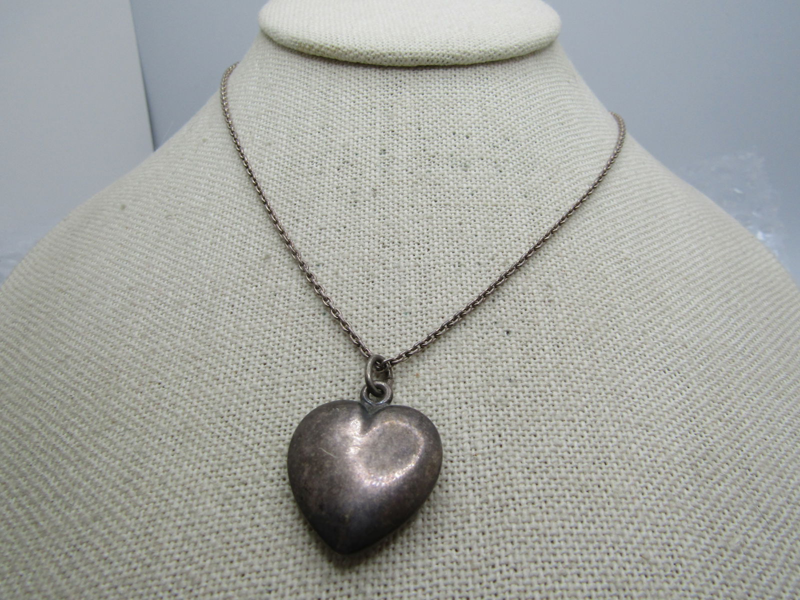 Vintage Sterling Puffy Heart Necklace, Signed Sterling & Tiffany Co, 16" - 2