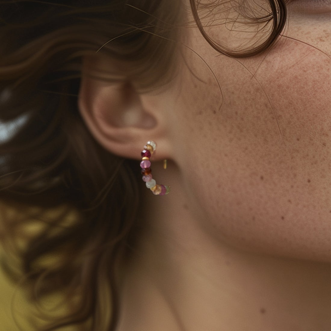 Rainbow Tourmaline Half Moon Earring 14K Gold Hoop - 8