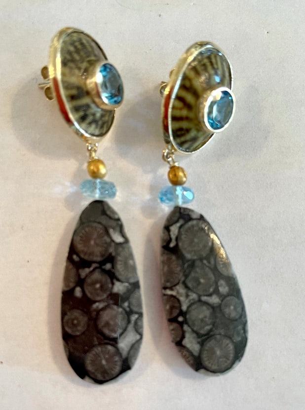 14K Limpet & Blue Topaz Earrings: Title:14K Limpet & Blue Topaz Earrings Description:Pair of 14-K Gold pierced earrings, Mexican Limpets set with Swiss Blue Topaz, with drops of 18c. Afghani 18-Karat Gold beads, Aquamarine and 40-mill