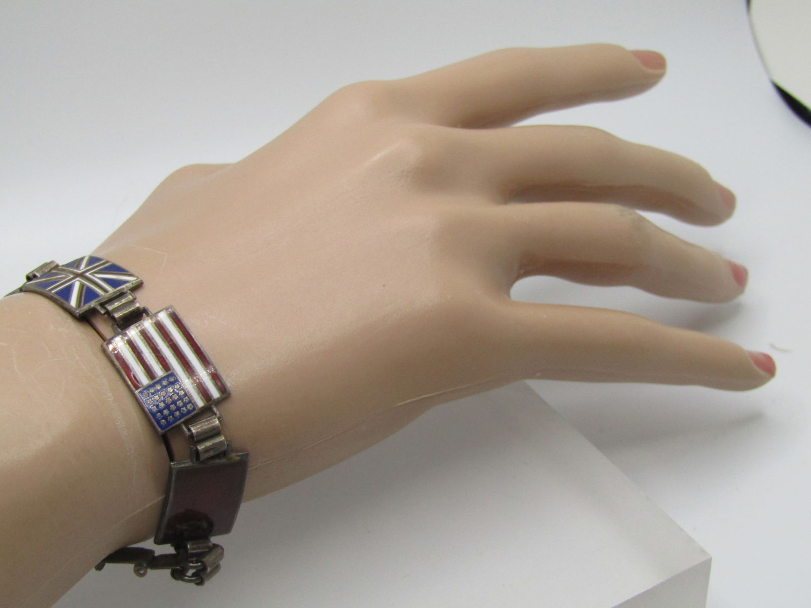 Vintage Sterling WWII Four Flag Bracelet, 5.5", Enameled. - 6