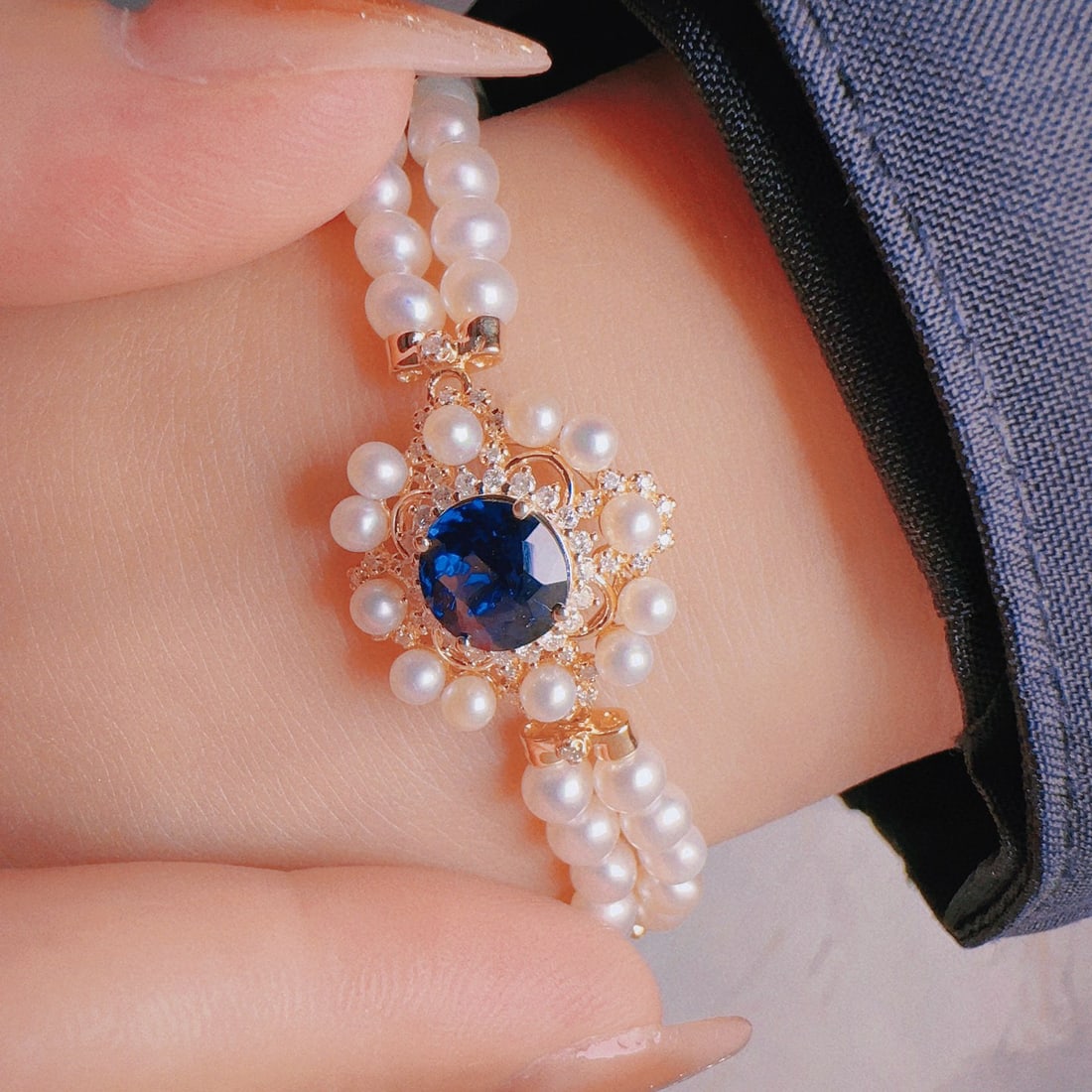 14K GOLD 1.80 CT NATURAL SAPPHIRE & PEARL & DIAMOND BRACELET - 2