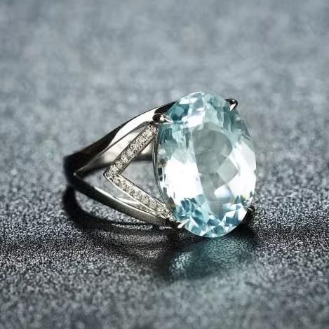 14K GOLD 7 CT NATURAL AQUAMARINE & DIAMOND RING - 2