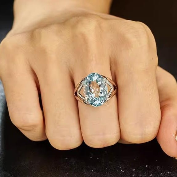 14K GOLD 7 CT NATURAL AQUAMARINE & DIAMOND RING - 5