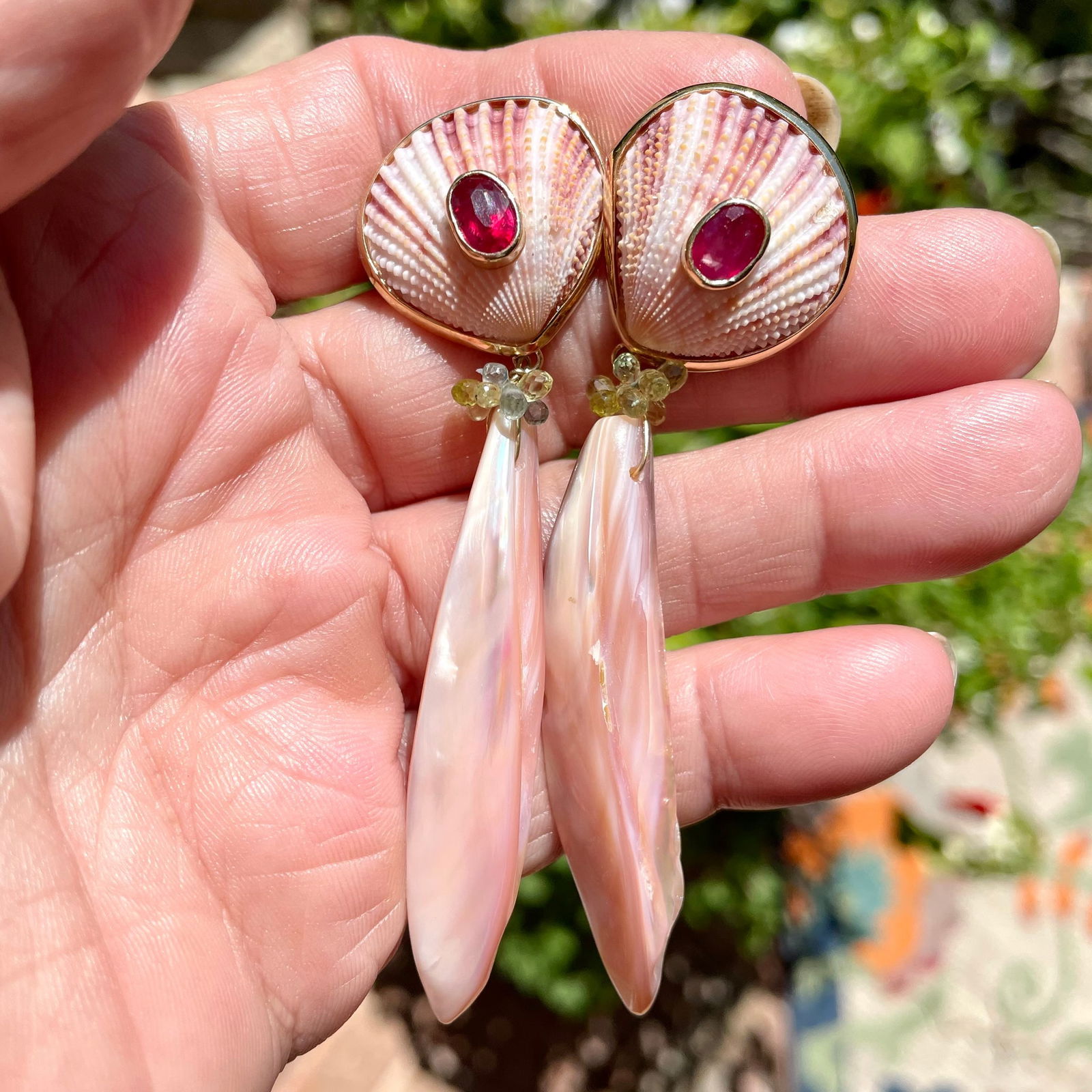 Pink Tourmaline, Scallop, Cut Shell 14-Karat Gold Earrings - 4