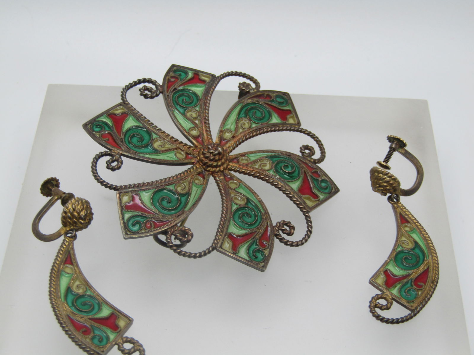 Antique Sterling Transparent Enameled Brooch & Earrings, Signed Johan Kjaerland, 1910: Title:Antique Sterling Transparent Enameled Brooch & Earrings, Signed Johan Kjaerland, 1910Description:Antique Sterling Transparent Enameled Brooch & Earrings, Signed Johan Kjaerland, 1910. The