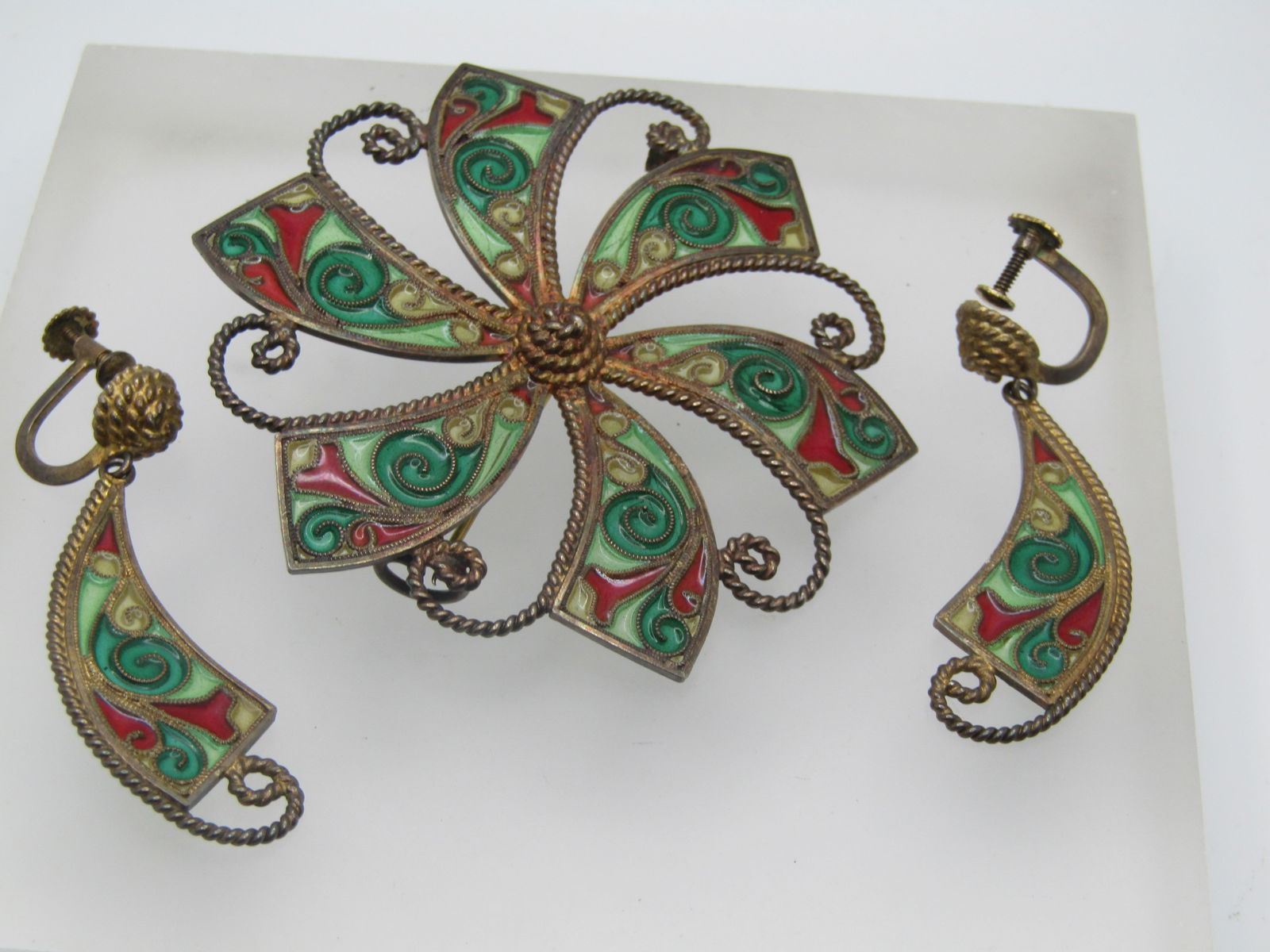 Antique Sterling Transparent Enameled Brooch & Earrings, Signed Johan Kjaerland, 1910 - 2
