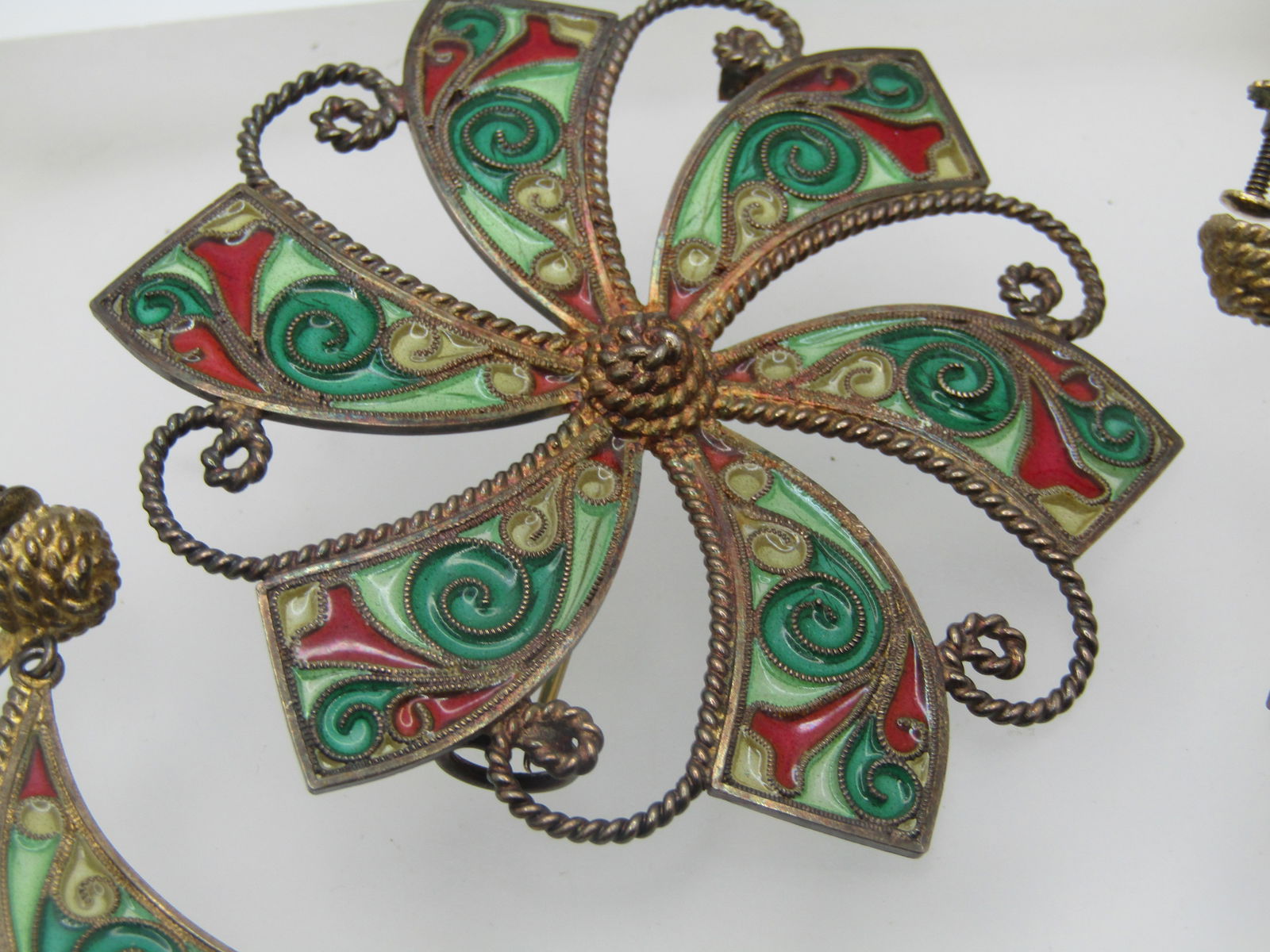 Antique Sterling Transparent Enameled Brooch & Earrings, Signed Johan Kjaerland, 1910 - 3