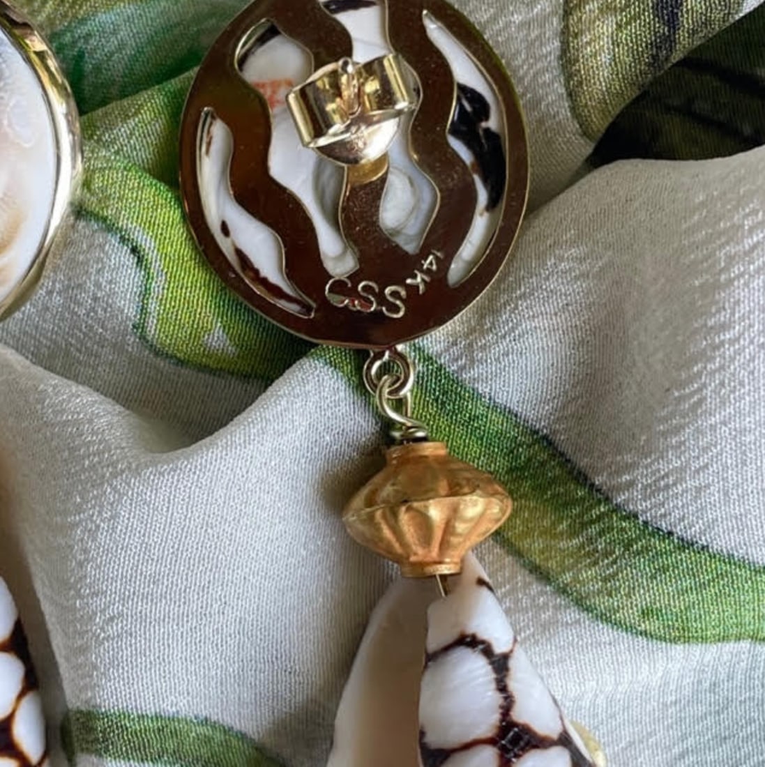 14kt. Gold Opercula Peridot Earrings with Marble Conus Drop - 2