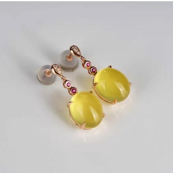 14K GOLD 9.63 CT NATURAL PREHNITE & DIAMOND & RUBY EARRINGS - 6