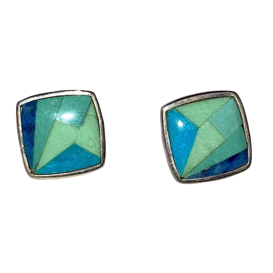 Sterling Silver Turquoise Inlay Square Earrings: Title:Sterling Silver Turquoise Inlay Square EarringsDescription:Sterling Silver Turquoise Inlay Square Earrings. Circa 1990's. Each earring measures 1/2" by 1/2". Earrings are for pierced ears. 
