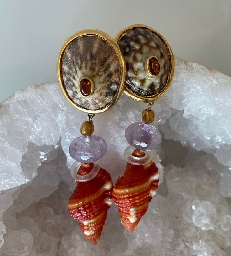 Mandarin Garnet, Amethyst & Cymatium Vermeil Earrings - 2