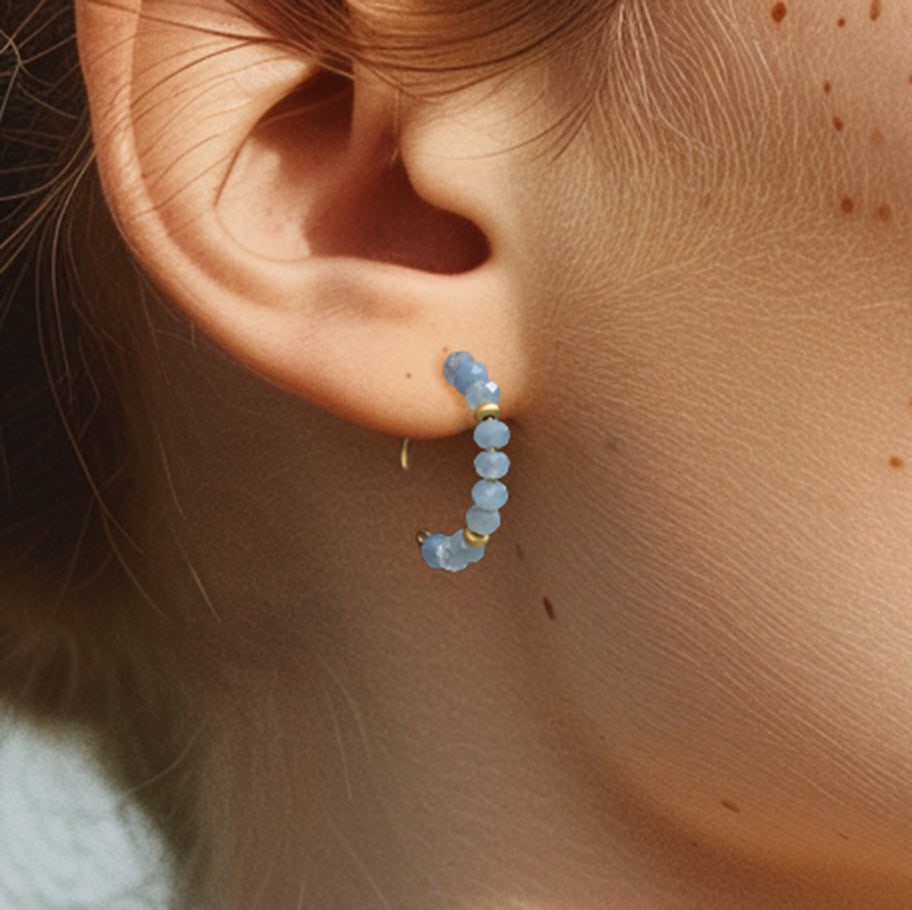 Aquamarine Half Moon Earrings 14K Gold Hook - 8