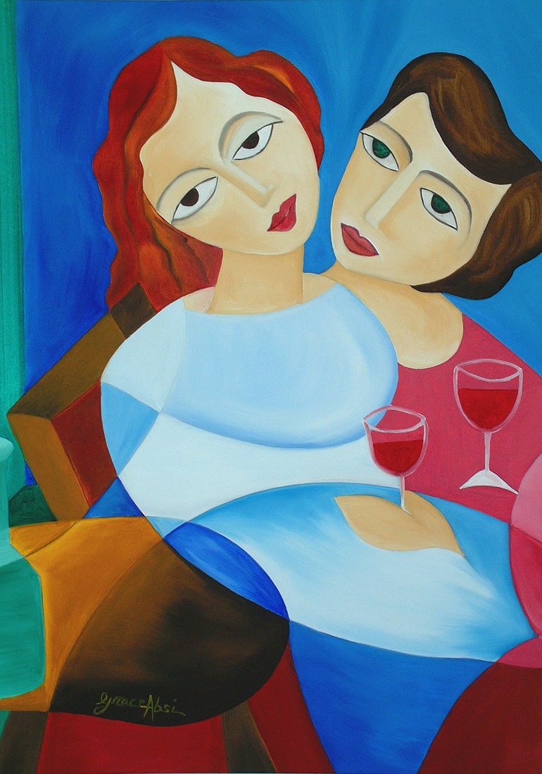 Grace Absi Green Eyes Red Wine 2000 Oil Painting on Canvas: Title: Grace Absi Green Eyes Red Wine 2000 Oil Painting on Canvas Artist: Grace Absi Description: Title: Green Eyes Red WineArtist:Grace AbsiCountry: USAMedium: Oil Painting on CanvasMarks: Created