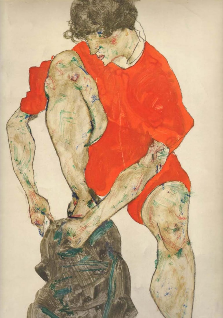 Schiele Lithograph 38 Female in flame colored dress: Title: Schiele Lithograph 38 Female in flame colored dress Artist: Egon Schiele Description: Artist:Egon SchieleCountry:AustriaTitle:Female model in a flame colored dressMedium:Lithograph -