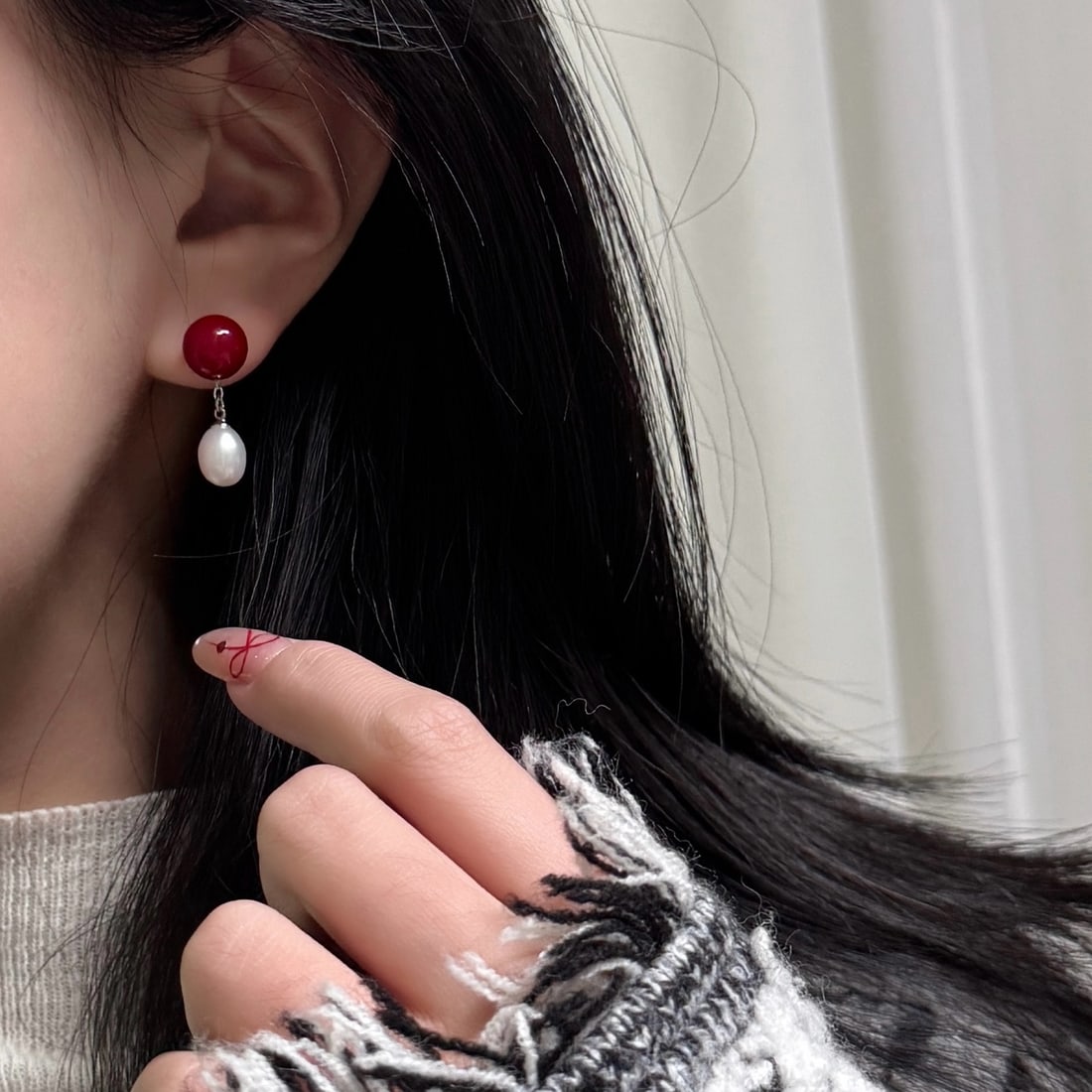 Red bean pearl earrings studs, 0mm - 4