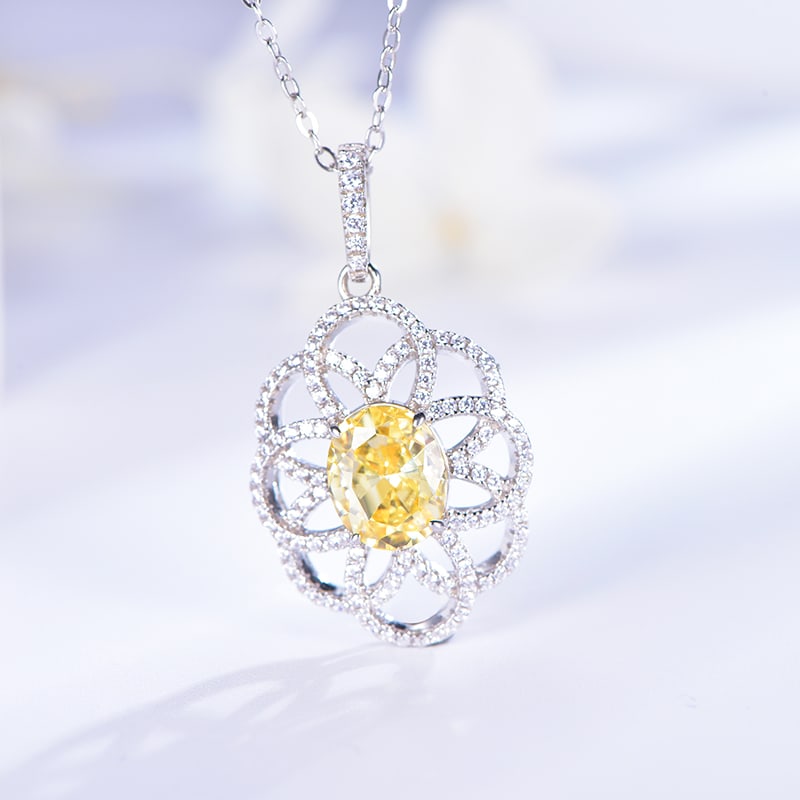 S925 Silver High Carbon Diamond Camellia Necklace: Title: S925 Silver High Carbon Diamond Camellia Necklace Description: S925 Silver High Carbon Diamond Camellia Necklace Colorful Yellow High Carbon Diamond, Comparable to Yellow Diamond Effect 