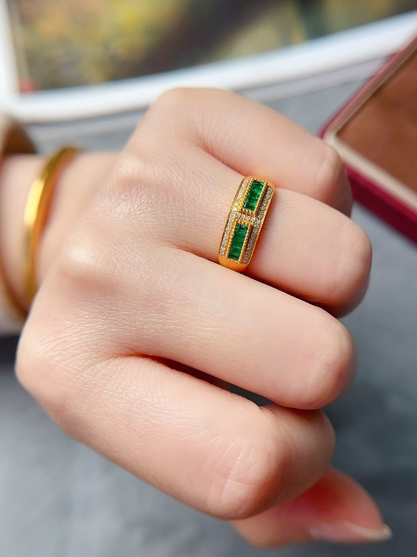 18K gold natural emerald ring - 5