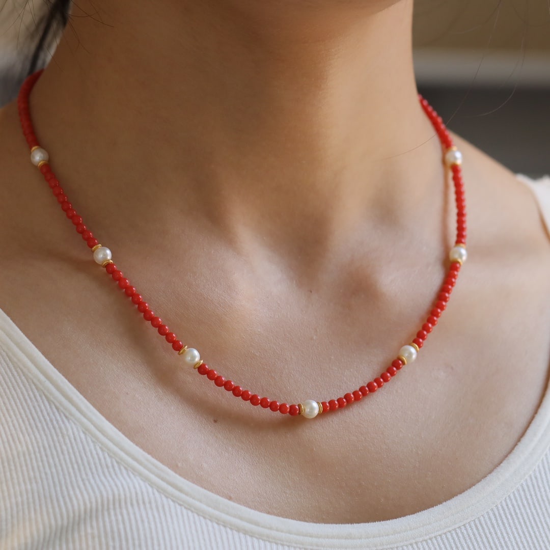 Natural red coral necklace and bracelet dual-use style - 4