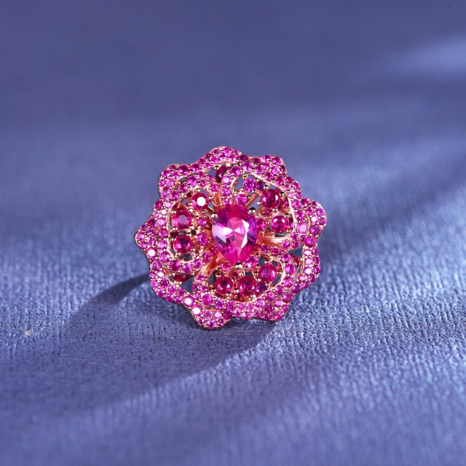 925 Silver Exquisite Setting Cultured Ruby Rose Ring - 2