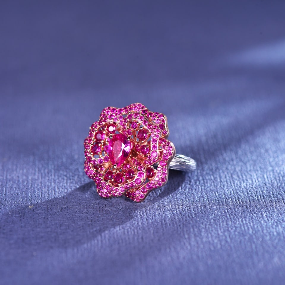 925 Silver Exquisite Setting Cultured Ruby Rose Ring - 3