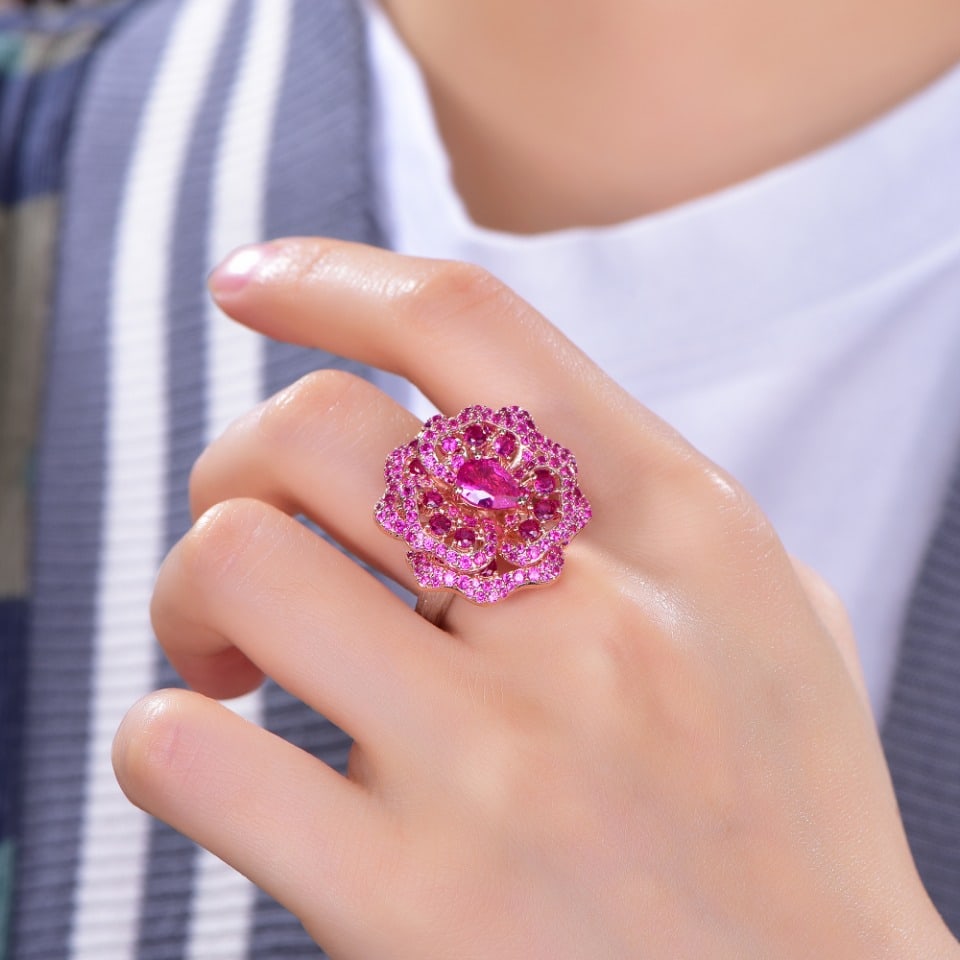 925 Silver Exquisite Setting Cultured Ruby Rose Ring - 5