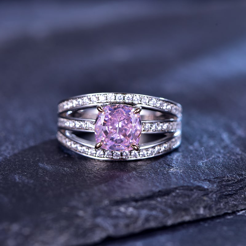 Sterling silver inlay with pink high carbon diamond, paired with a 5A zirconium ring - 2