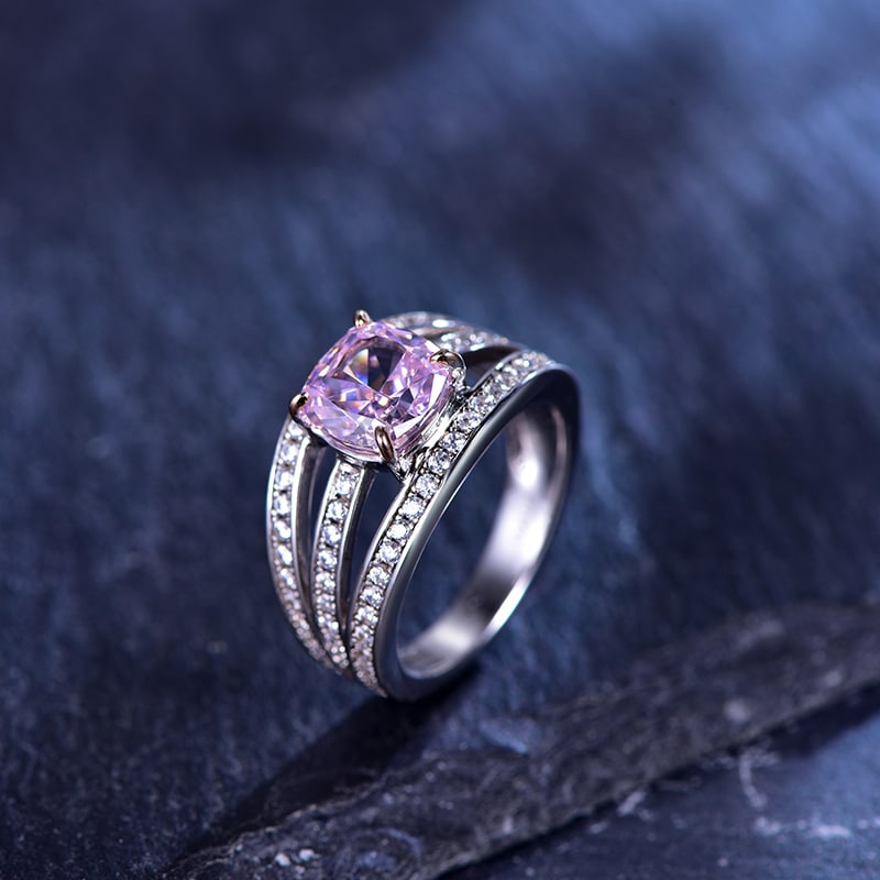 Sterling silver inlay with pink high carbon diamond, paired with a 5A zirconium ring - 4
