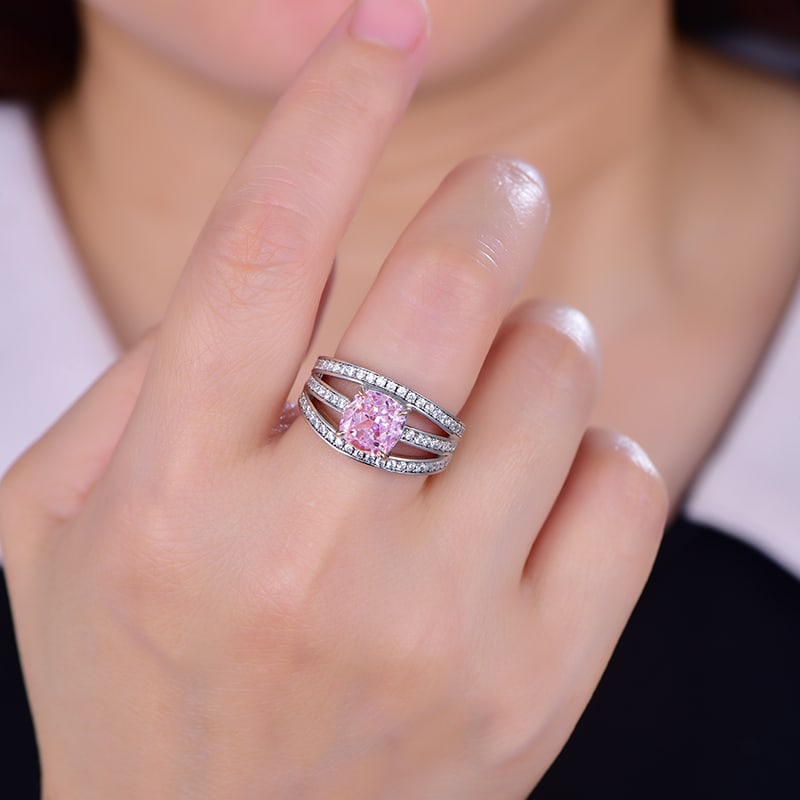 Sterling silver inlay with pink high carbon diamond, paired with a 5A zirconium ring - 5