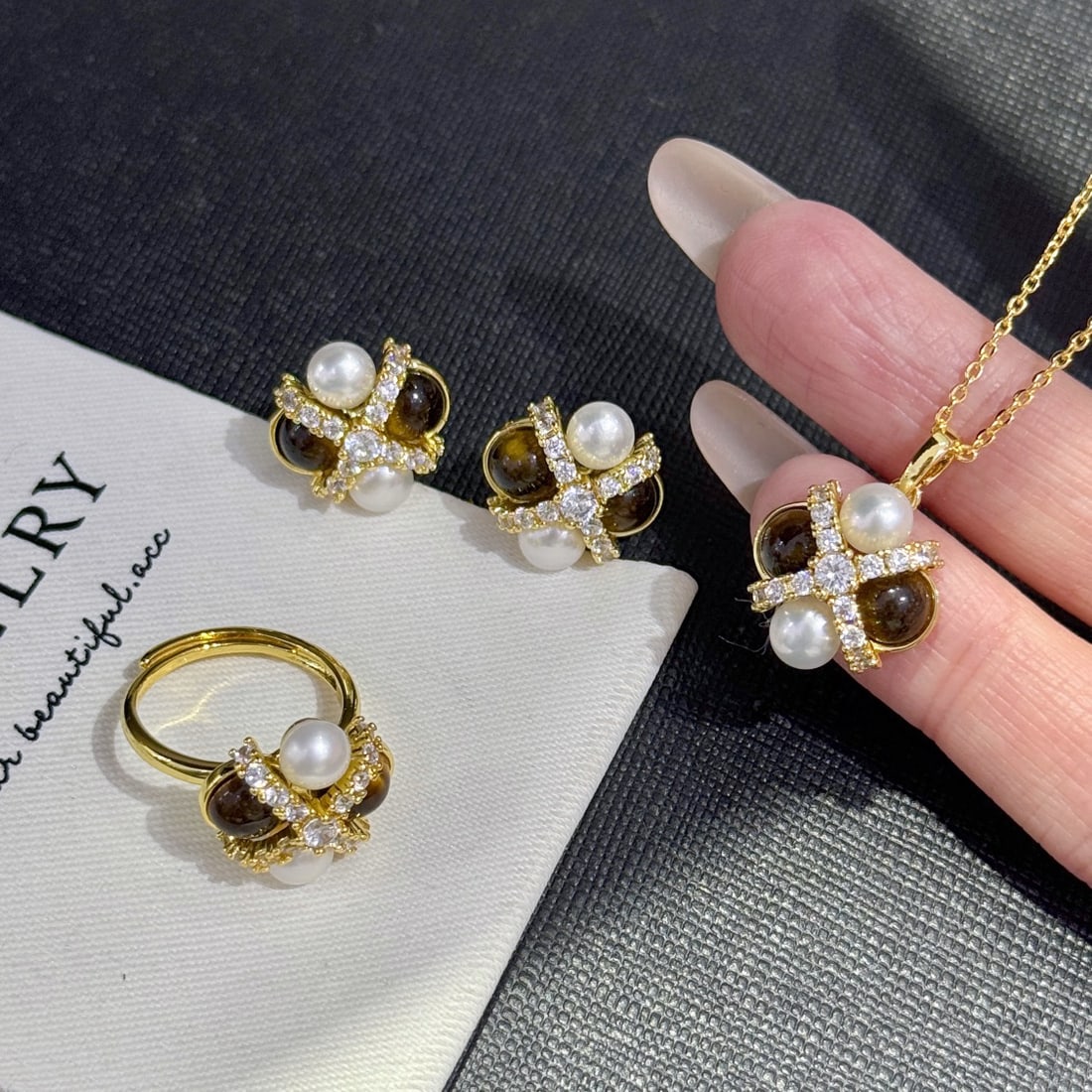 Sterling silver natural tiger eye stone pearl set - 2