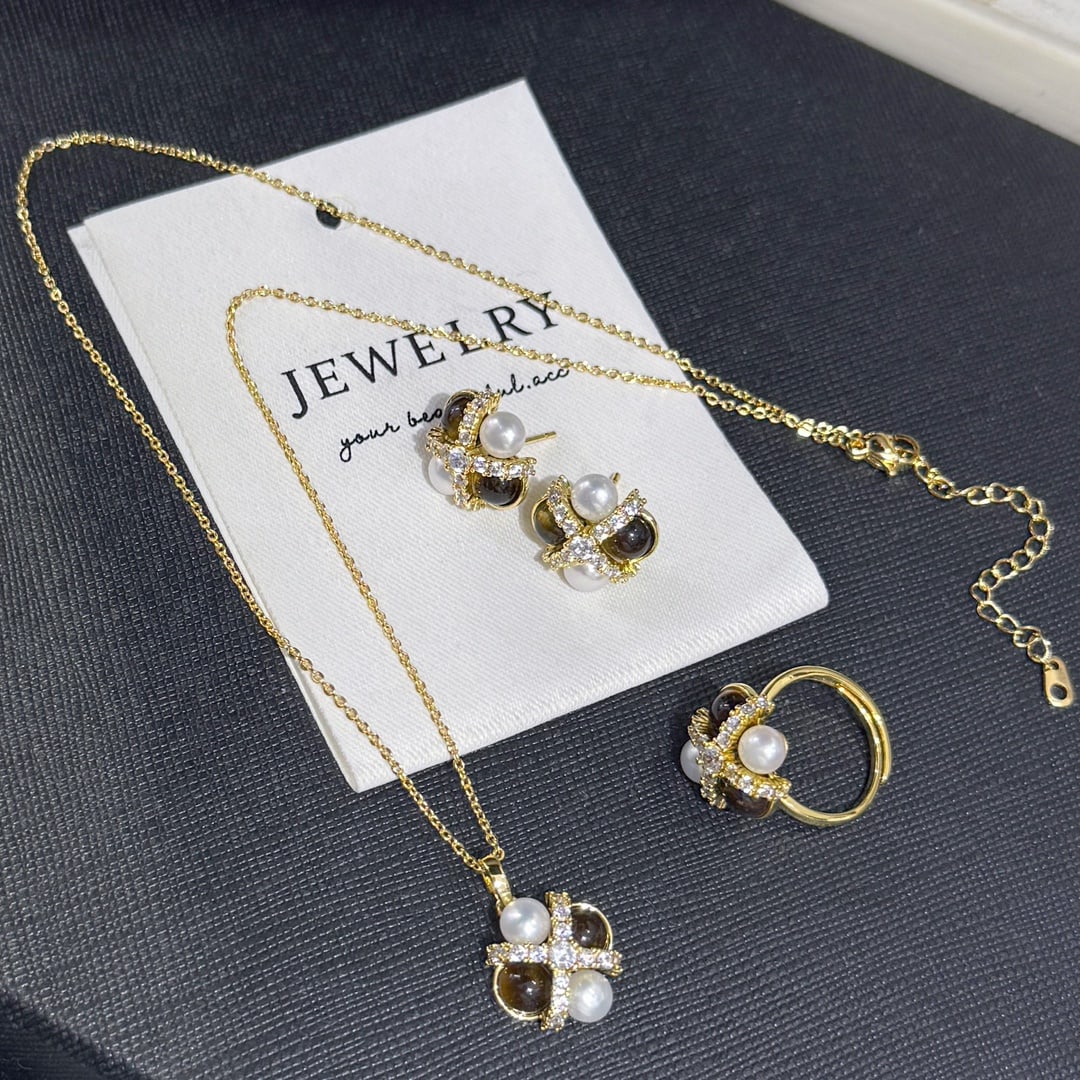 Sterling silver natural tiger eye stone pearl set - 3