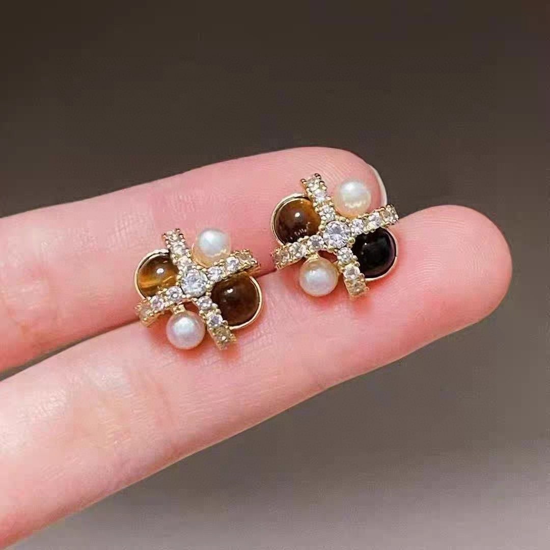 Sterling silver natural tiger eye stone pearl set - 4