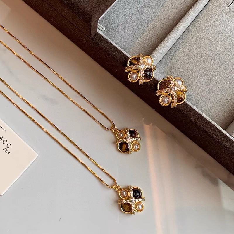 Sterling silver natural tiger eye stone pearl set - 5