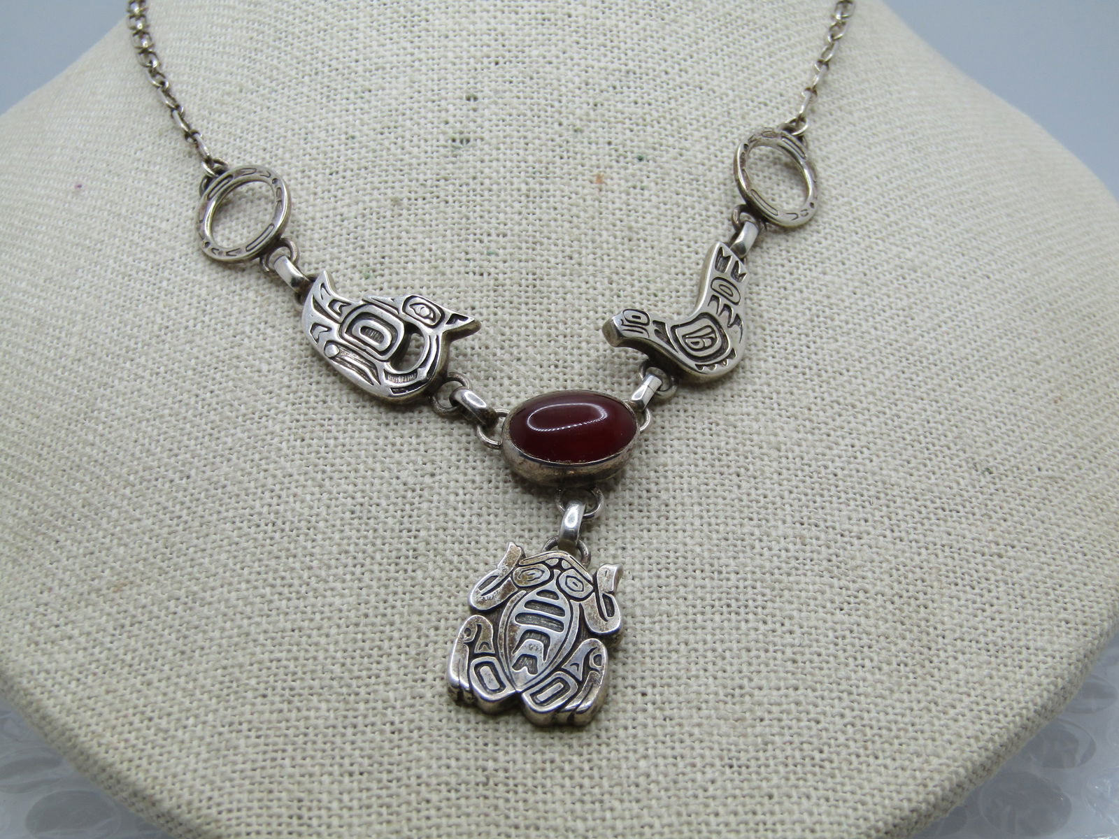 Vintage Sterling Tribal Carnelian Frog/Bird Necklace, Lavalier, 20" , Carol Felley (1 of 9)