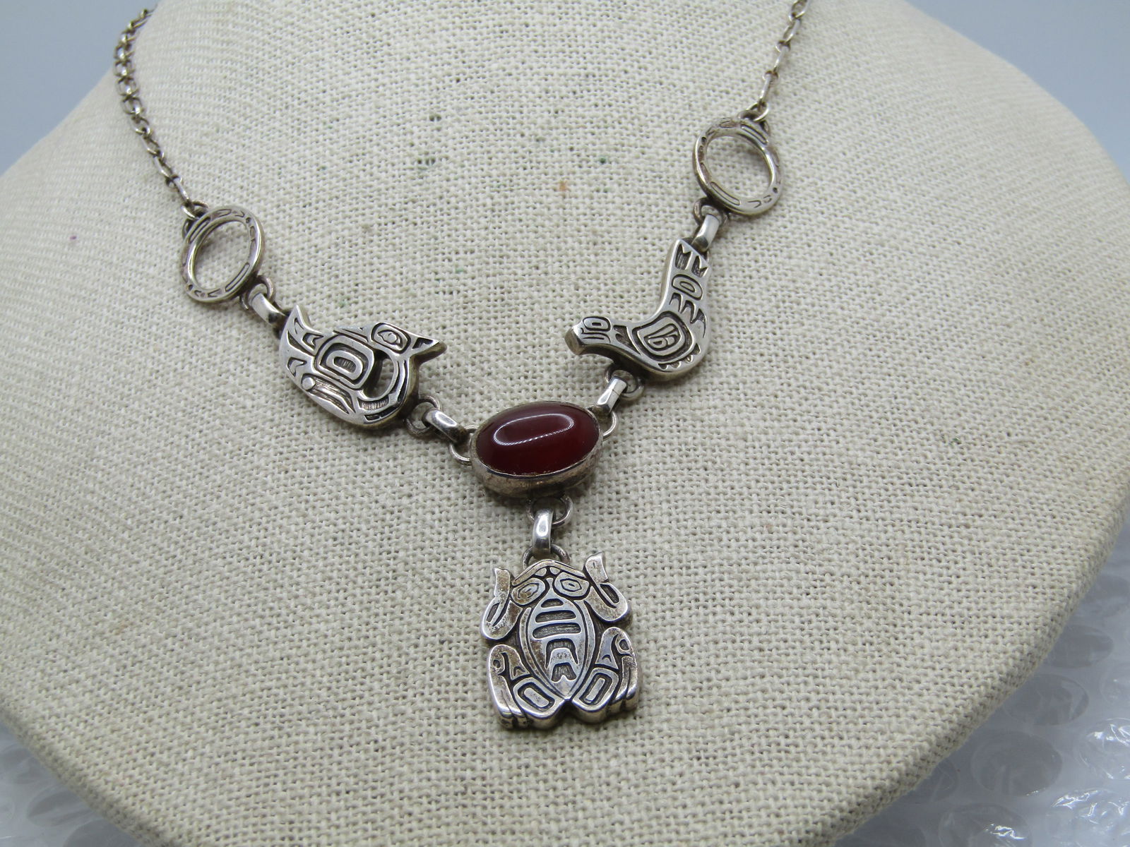 Vintage Sterling Tribal Carnelian Frog/Bird Necklace, Lavalier, 20" , Carol Felley - 2