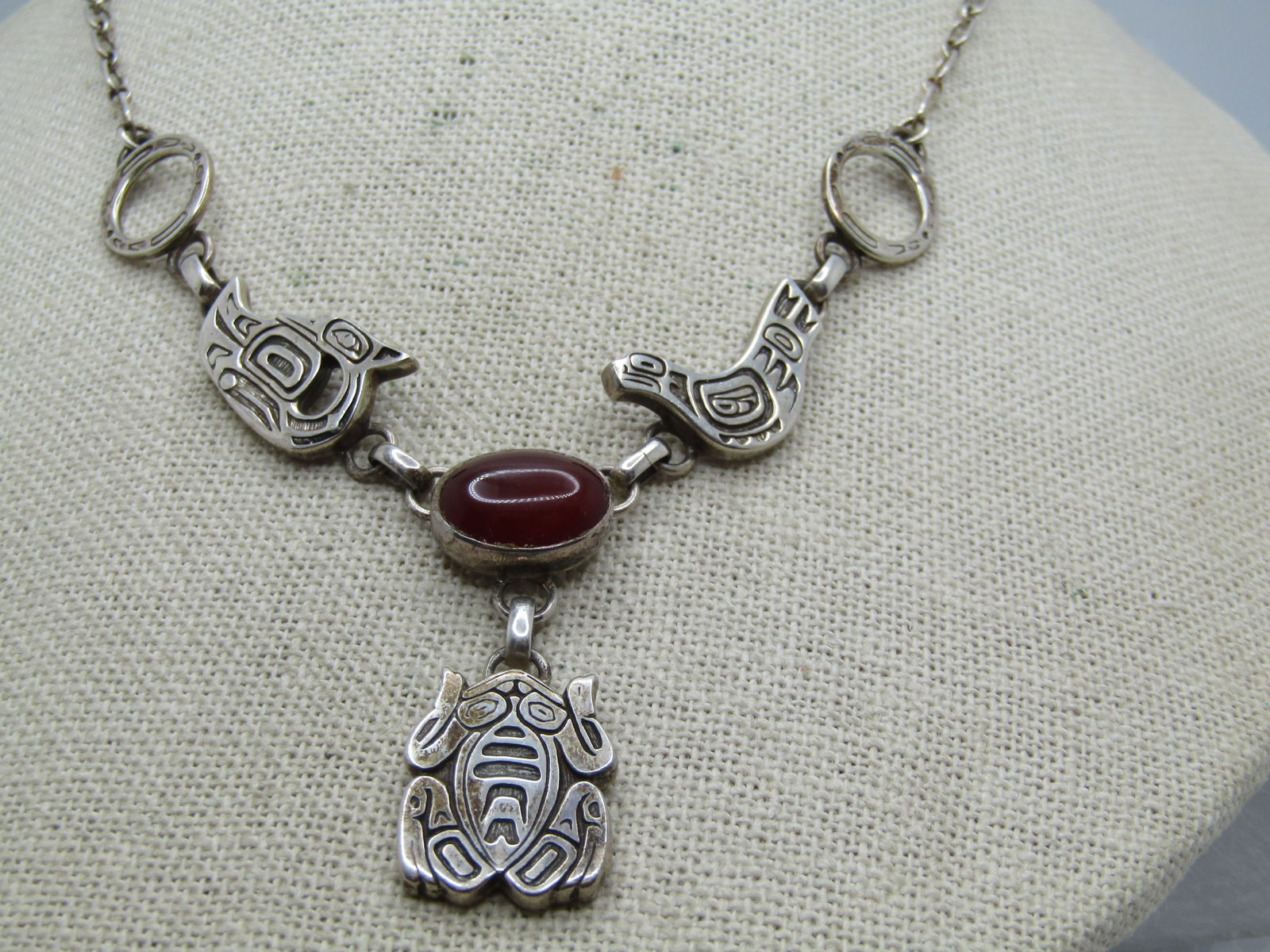 Vintage Sterling Tribal Carnelian Frog/Bird Necklace, Lavalier, 20" , Carol Felley - 6