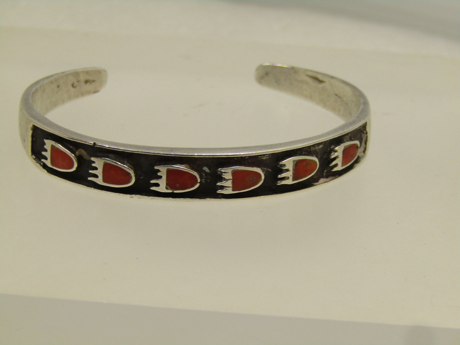 Vintage Southwestern Sterling Coral Bear Paw Bracelet, Cuff, 6.25", 1970's-1980's - 2