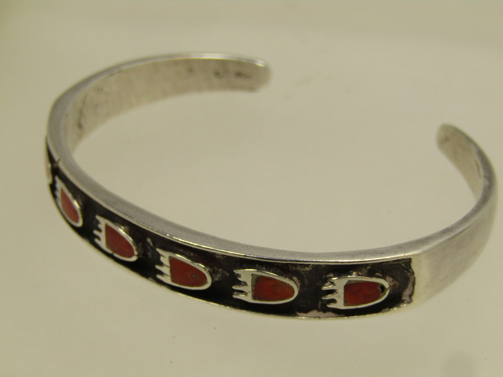 Vintage Southwestern Sterling Coral Bear Paw Bracelet, Cuff, 6.25", 1970's-1980's - 3